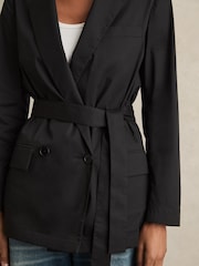 Reiss Black Osbourne Cotton Blend Double Breasted Belted Jacket - Image 4 of 7