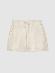 Reiss White Winnie Laser Cut Drawstring Shorts - Image 1 of 5