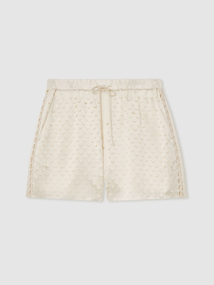 Reiss White Winnie Laser Cut Drawstring Shorts - Image 1 of 5