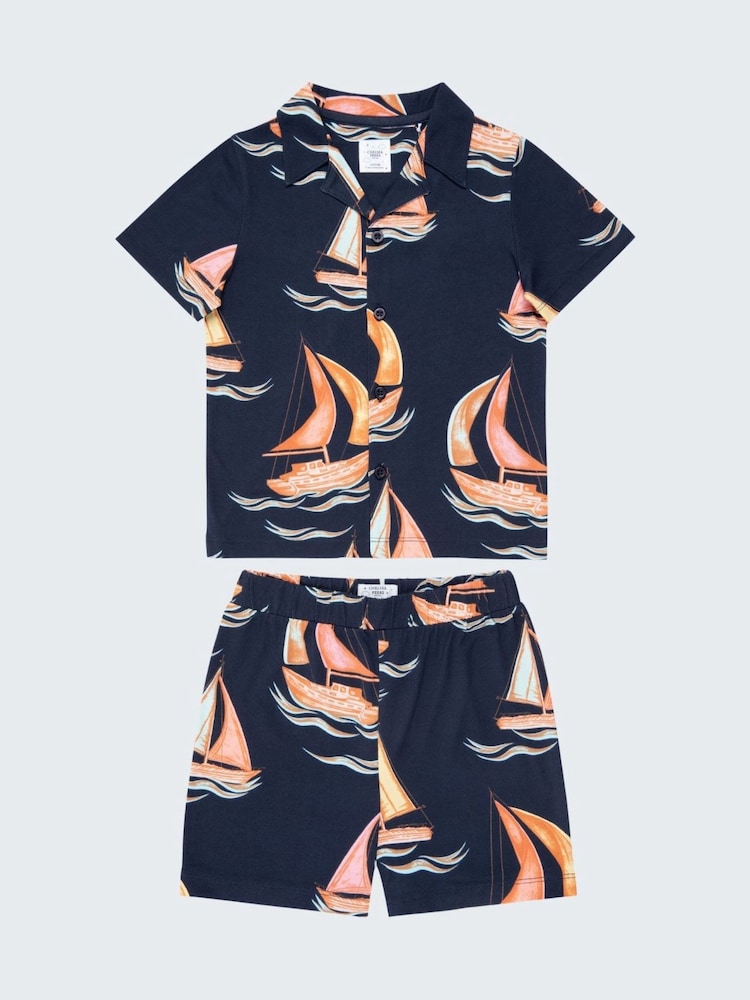 Chelsea Peers Blue Kids Sailing Boat Print Short Pyjamas Set - Image 1 of 3