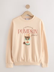 Neutral Relaxed Fit Hamish The Highland Cow Autumnal Pumpkin Spice Latte Seasonal Graphic Print with Heavy Boucle detail Sweatshirt - Image 1 of 3