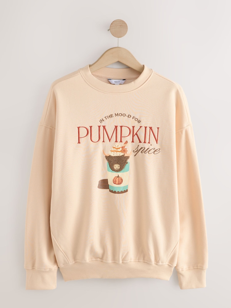 Neutral Relaxed Fit Hamish The Highland Cow Autumnal Pumpkin Spice Latte Seasonal Graphic Print with Heavy Boucle detail Sweatshirt - Image 1 of 3