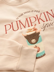 Neutral Relaxed Fit Hamish The Highland Cow Autumnal Pumpkin Spice Latte Seasonal Graphic Print with Heavy Boucle detail Sweatshirt - Image 2 of 3
