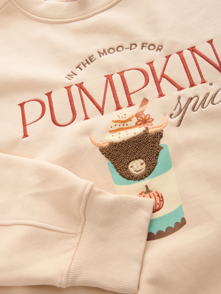 Neutral Relaxed Fit Hamish The Highland Cow Autumnal Pumpkin Spice Latte Seasonal Graphic Print with Heavy Boucle detail Sweatshirt - Image 2 of 3