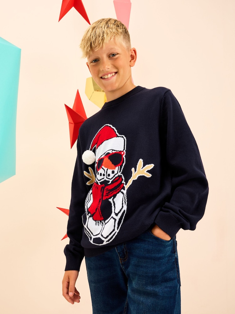 Navy Blue Football Snowman Christmas Jumper (3-16yrs) - Image 1 of 7