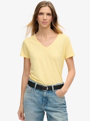 Superdry Yellow Slub Embroidered V-Neck T-Shirt - Image 1 of 6