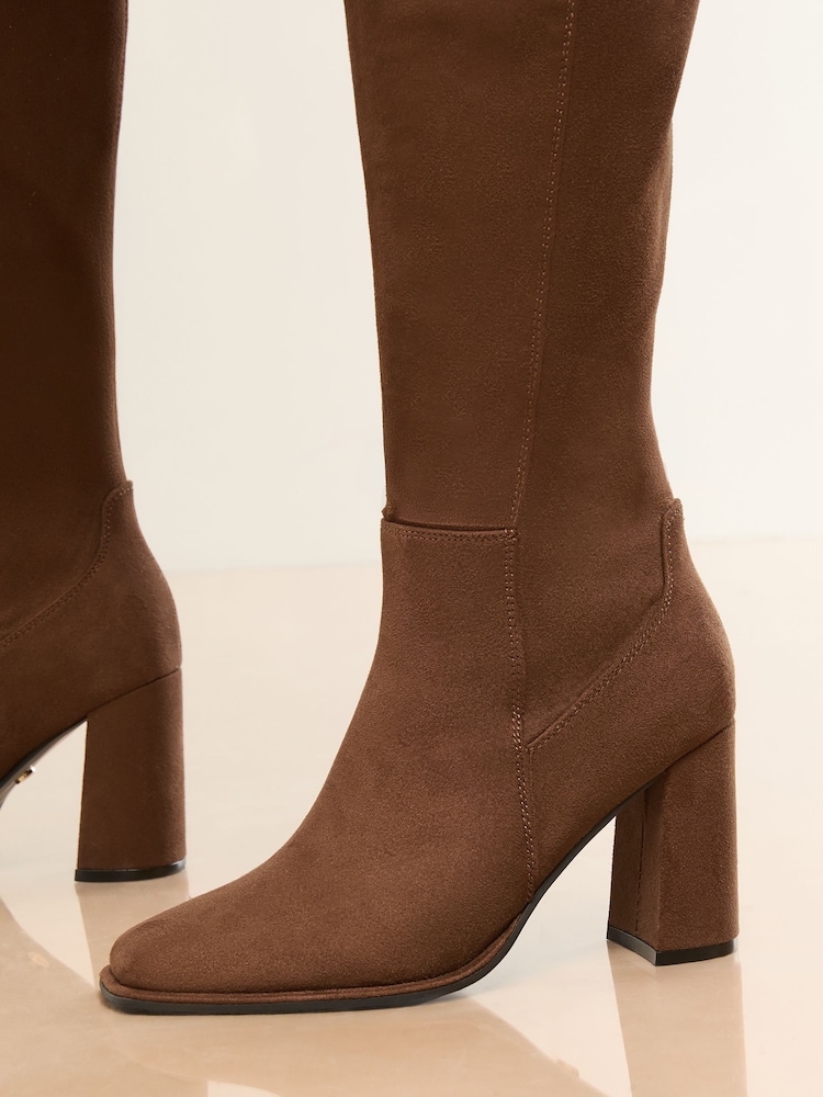 Lipsy Chocolate Brown Standard fit Block Heel Stretch Faux Suede Boots - Image 2 of 5 Lipsy Chocolate Brown Standard fit Block Heel Stretch Faux Suede Boots - Image 2 of 5
