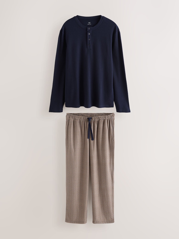 Navy Blue/Neutral Motionflex Cosy Long Sleeve Pyjamas Set - Image 1 of 5 Navy Blue/Neutral Motionflex Cosy Long Sleeve Pyjamas Set - Image 1 of 5