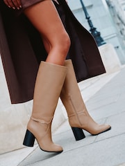Lipsy Camel Faux Leather Mid Block Heel Smart Knee High Shaft Boots - Image 1 of 5