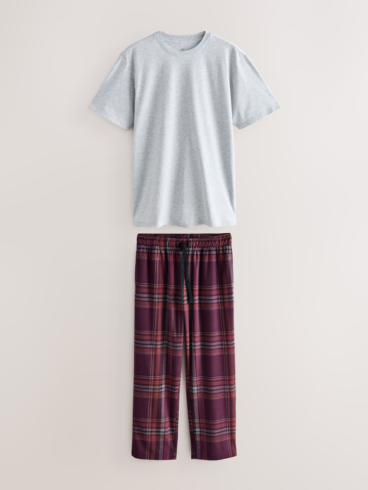 Grey/Burgundy Red Check Motionflex Cosy Short Sleeve Pyjamas Set - Image 1 of 5 Grey/Burgundy Red Check Motionflex Cosy Short Sleeve Pyjamas Set - Image 1 of 5