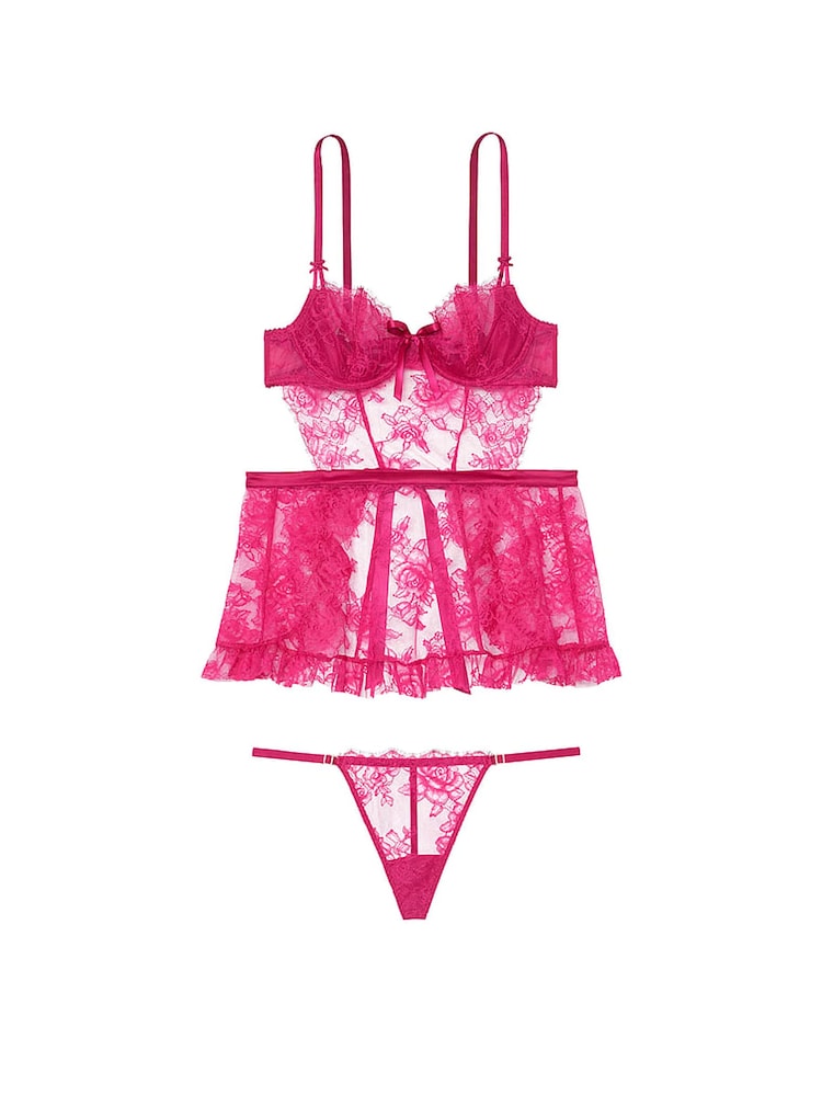Victoria's Secret Cherry Blossom Pink Lace Unlined Balcony Babydoll Set - Image 3 of 3