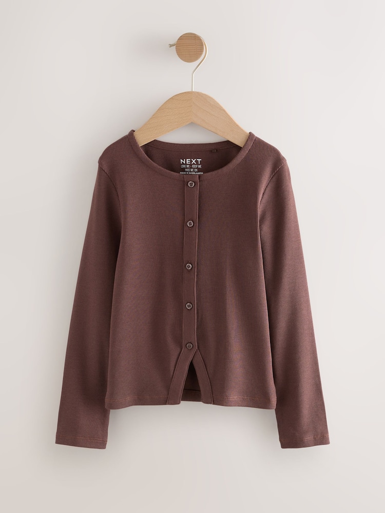 Chocolate Brown Long Sleeve Ribbed Cardigan (3-16yrs) - Image 1 of 4