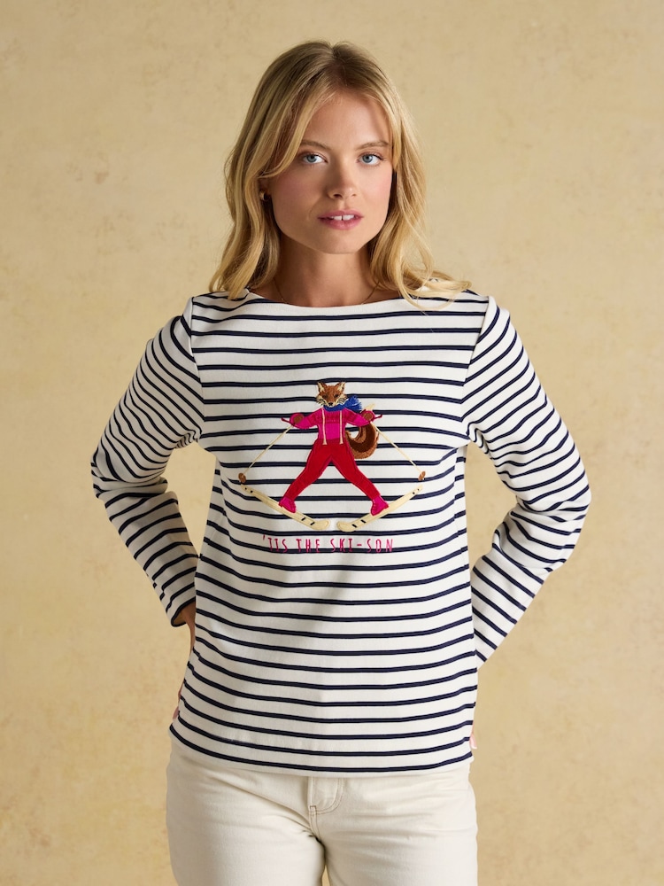 Joules Festive Harbour Jonty Fox Cream/Navy Boat Neck Breton Top - Image 1 of 6 Joules Festive Harbour Jonty Fox Cream/Navy Boat Neck Breton Top - Image 1 of 6