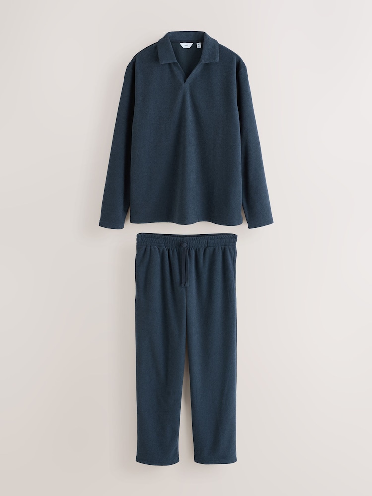 Navy Blue Towelling Long Sleeve Trophy Neck Pyjamas Set - Image 1 of 5