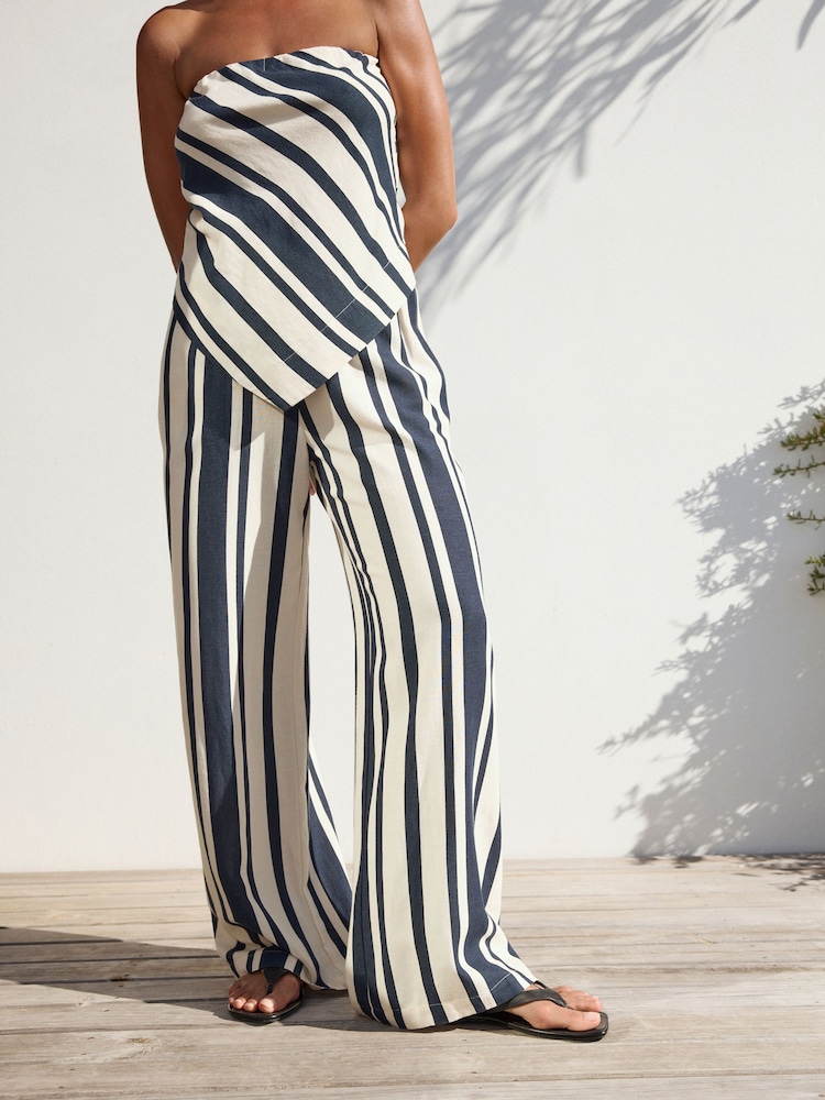 Navy Wide Leg Trousers With Linen - Image 2 of 7