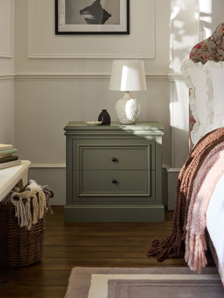 Laura Ashley Khaki Green Swanton Wide 2 Drawer Bedside Table - Image 1 of 4