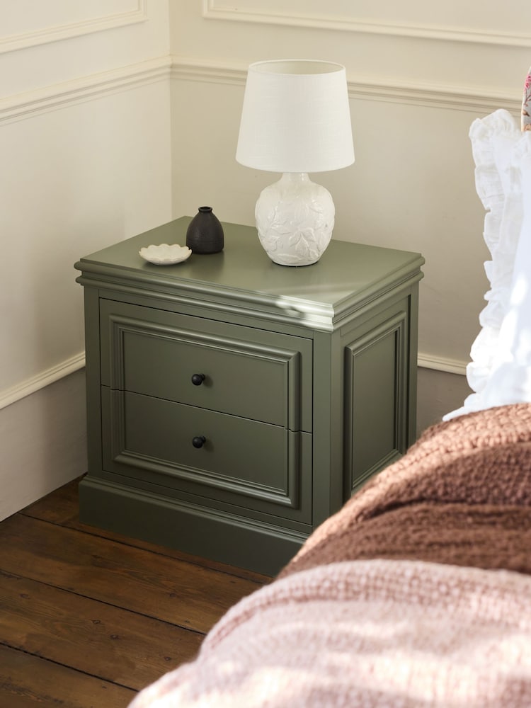 Laura Ashley Khaki Green Swanton Wide 2 Drawer Bedside Table - Image 2 of 4
