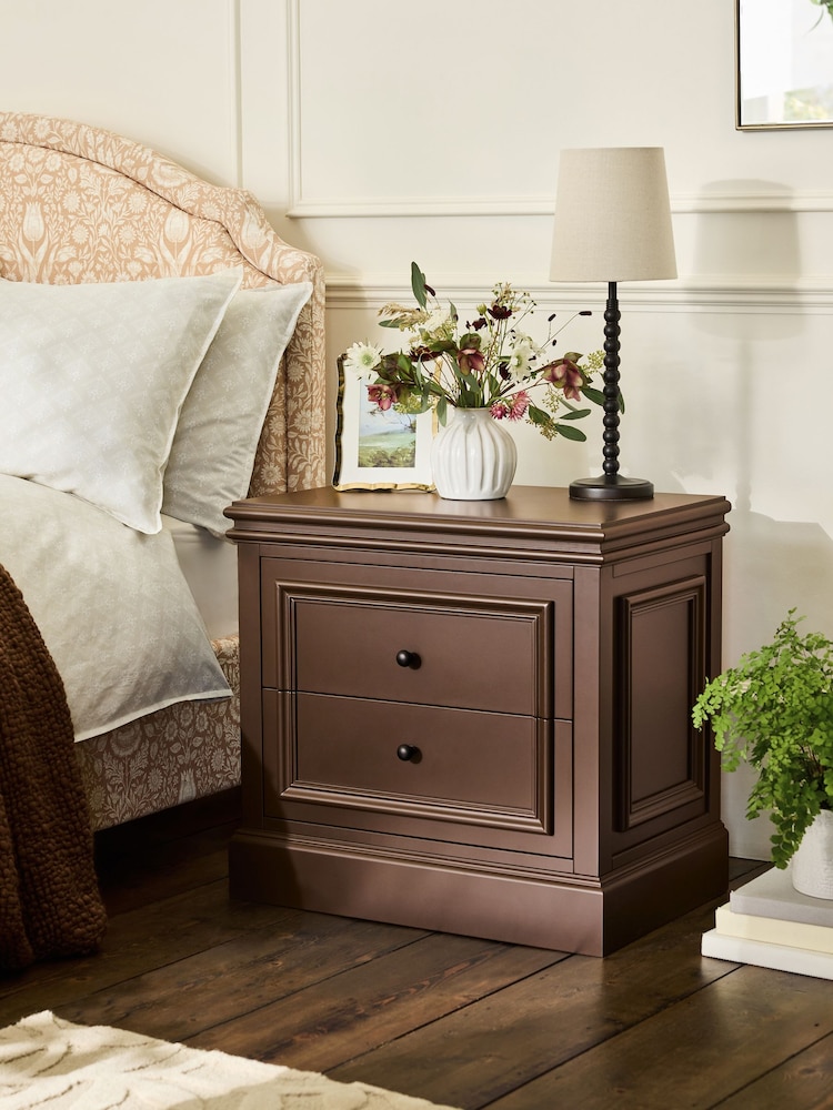 Laura Ashley Chocolate Brown Swanton Wide 2 Drawer Bedside Table - Image 2 of 4