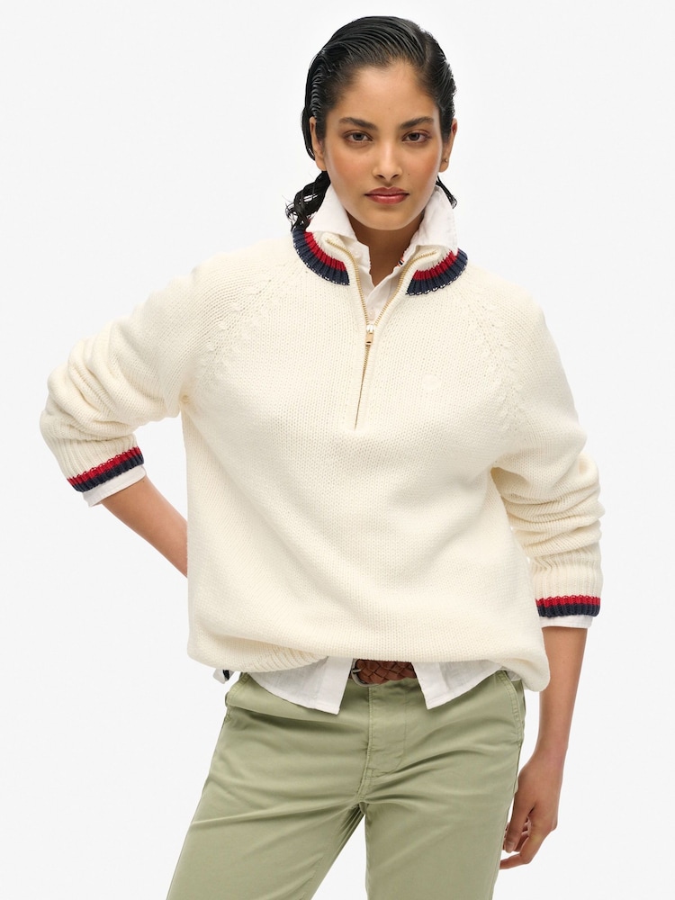Superdry Cream Tipped Half Zip Jumper - Image 1 of 5