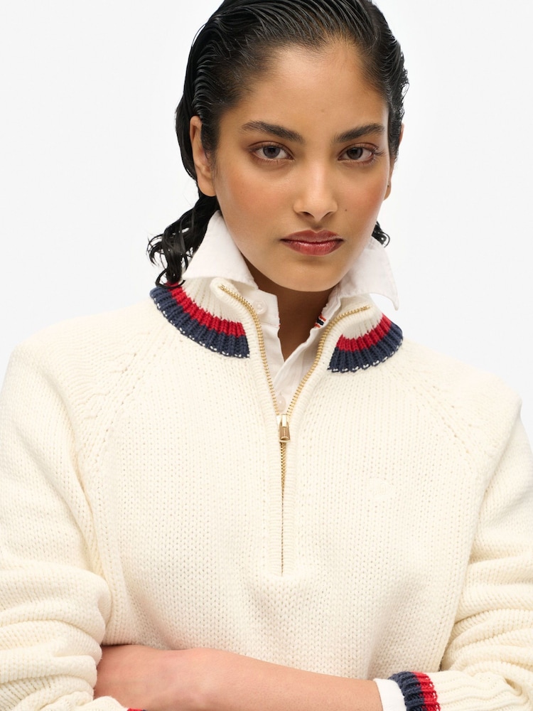 Superdry Cream Tipped Half Zip Jumper - Image 4 of 5