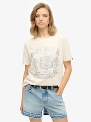 Superdry Cream Embellished Varsity Relaxed 100% Cotton T-Shirt - Image 1 of 4
