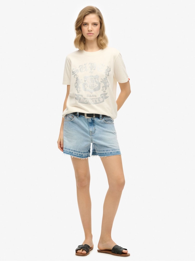 Superdry Cream Embellished Varsity Relaxed 100% Cotton T-Shirt - Image 4 of 4