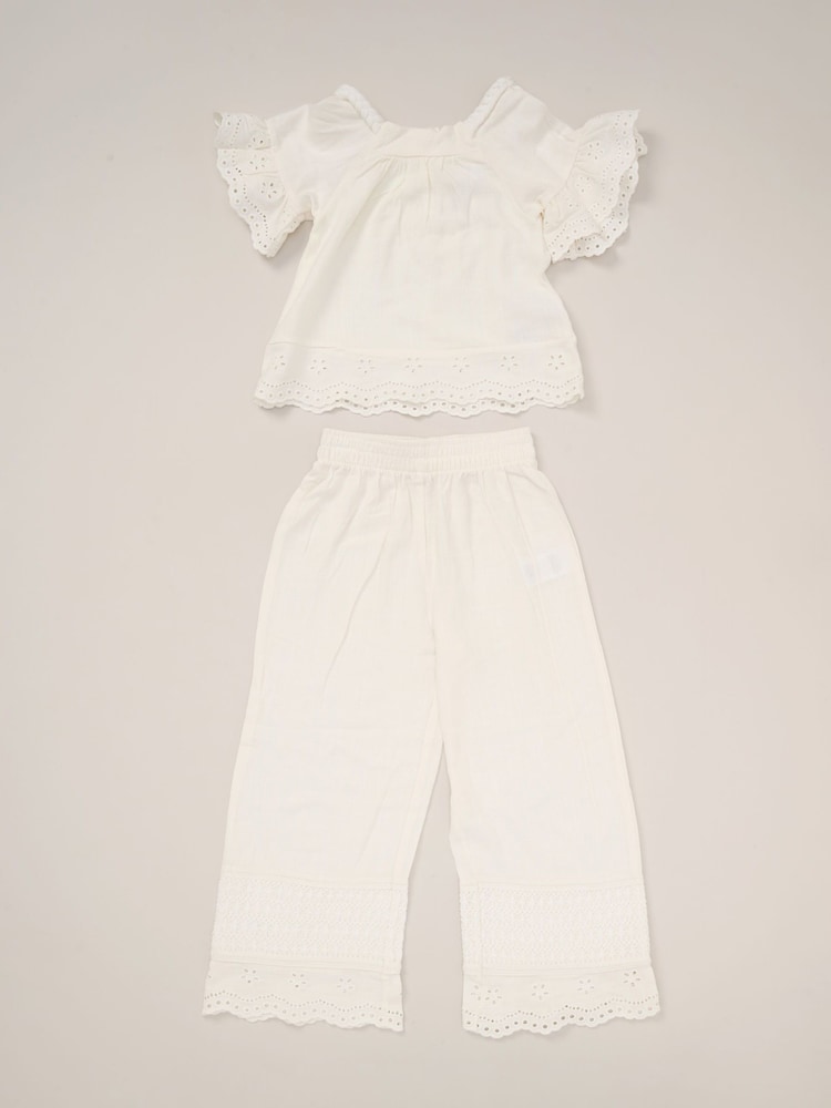 Miss Broderie White Top and Wide Leg Trousers Outfit Set - Image 1 of 5