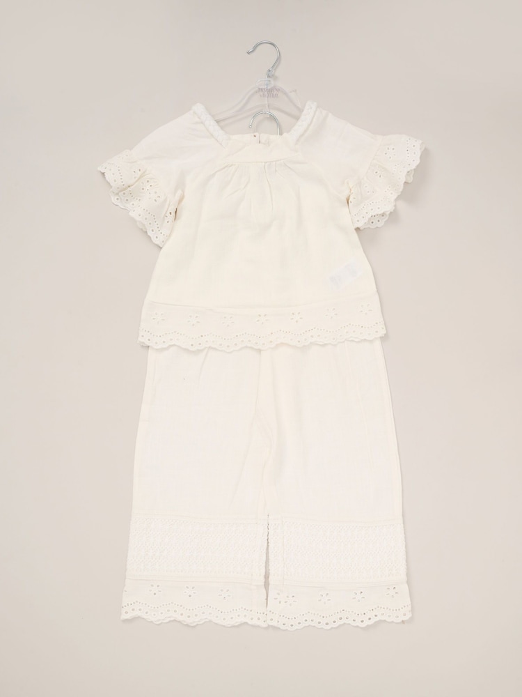 Miss Broderie White Top and Wide Leg Trousers Outfit Set - Image 2 of 5