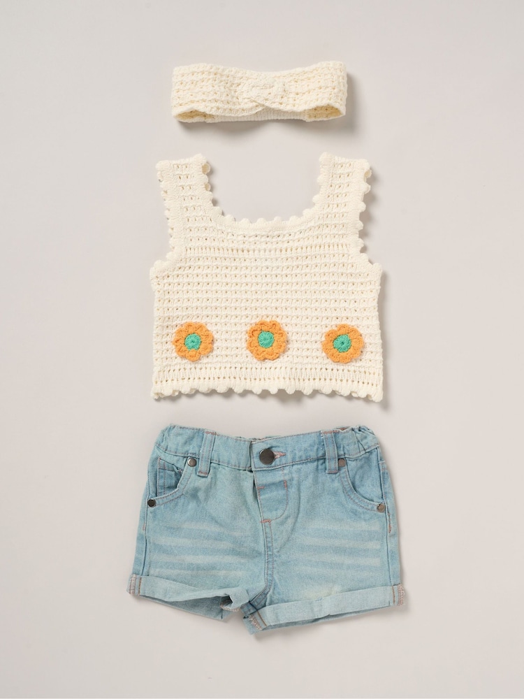 Miss Pink True 100% Cotton Knit Top Shorts and Headband Outfit Set - Image 1 of 5