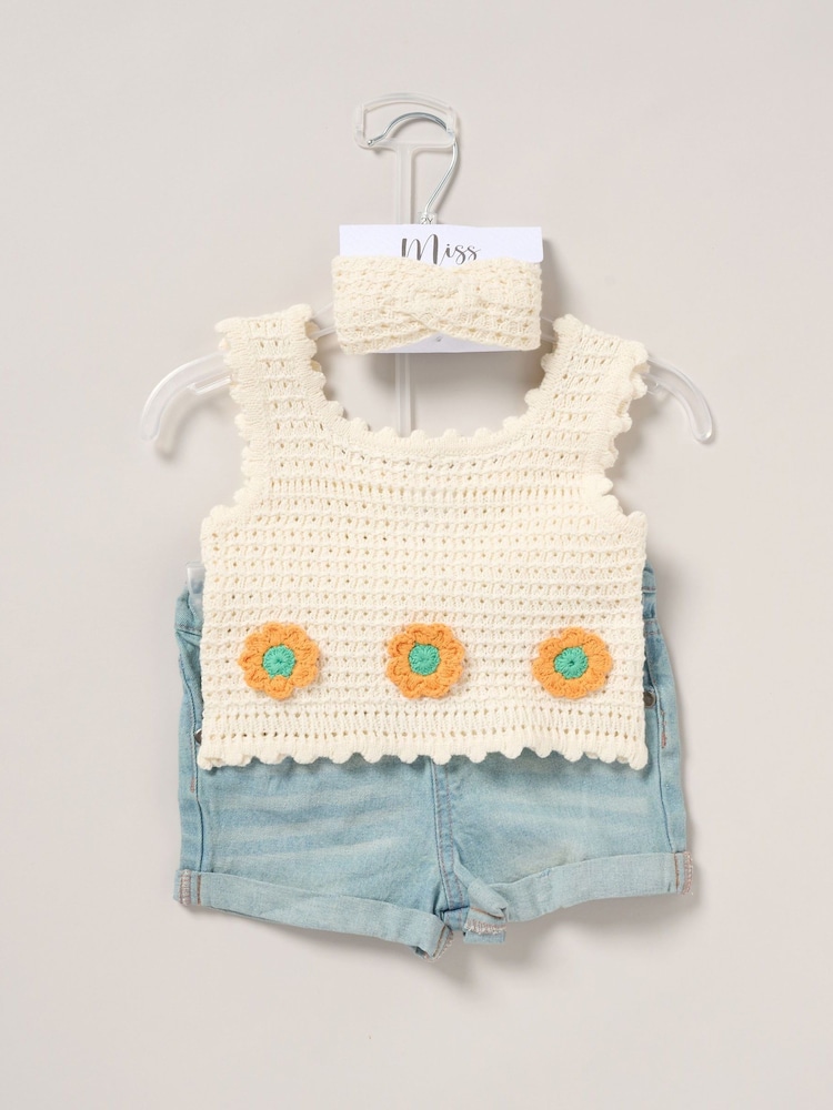 Miss Pink True 100% Cotton Knit Top Shorts and Headband Outfit Set - Image 2 of 5