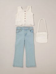 Miss Broderie Crop White Top Jeans and Bag Outfit Set - Image 1 of 6