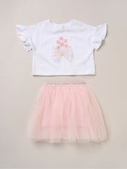 Miss Cropped Printed Brown T-Shirt and Skirt Outfit Set - Image 1 of 5