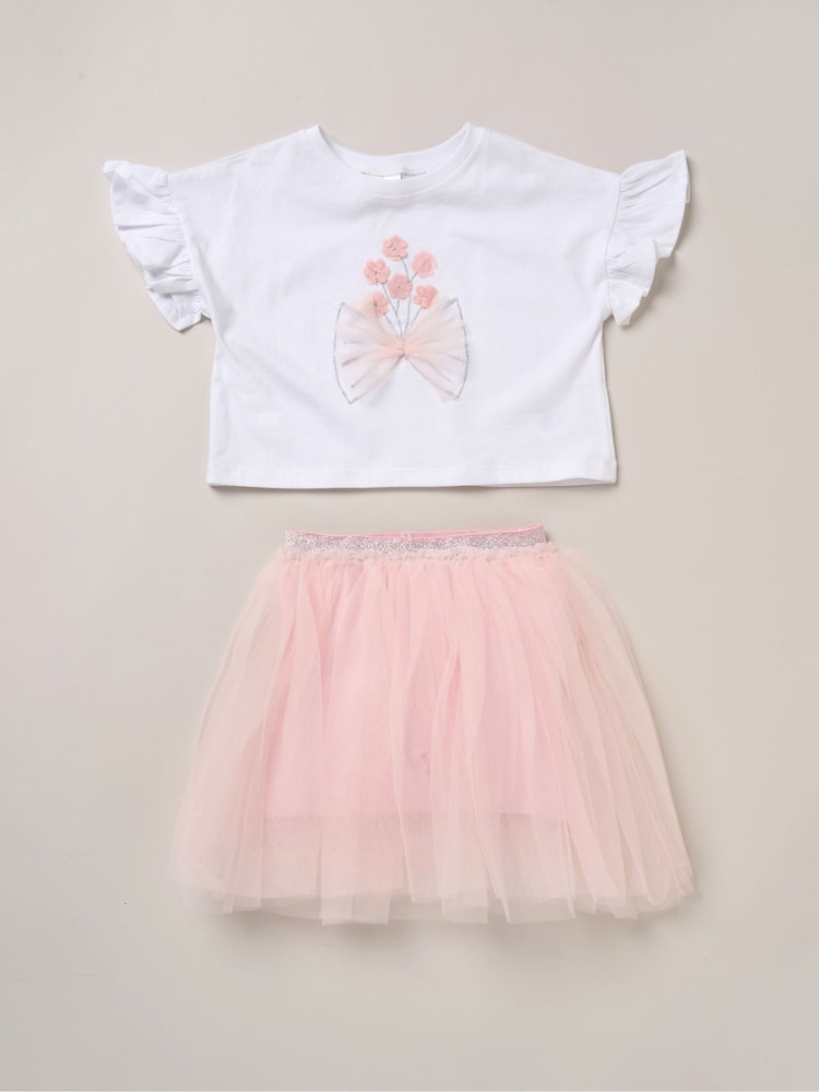 Miss Cropped Printed Brown T-Shirt and Skirt Outfit Set - Image 1 of 5