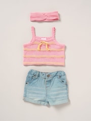 Miss Pink True 100% Cotton Knit Top Shorts and Headband Outfit Set - Image 1 of 5