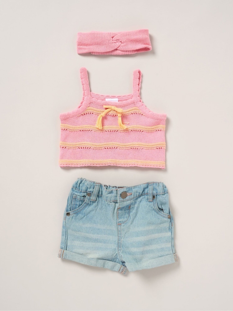 Miss Pink True 100% Cotton Knit Top Shorts and Headband Outfit Set - Image 1 of 5