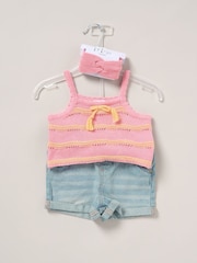 Miss Pink True 100% Cotton Knit Top Shorts and Headband Outfit Set - Image 2 of 5