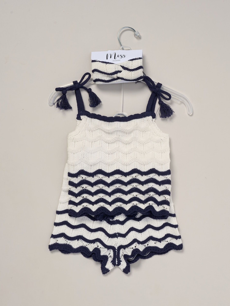 Miss True 100% Cotton White Knit Top Shorts and Headband Outfit Set - Image 2 of 5