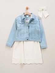Miss Broderie White Dress Denim Jacket and Hair Clip Outfit Set - Image 1 of 5