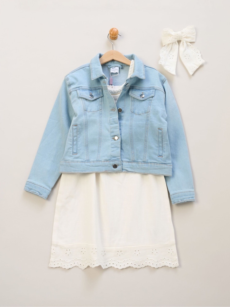 Miss Broderie White Dress Denim Jacket and Hair Clip Outfit Set - Image 1 of 5