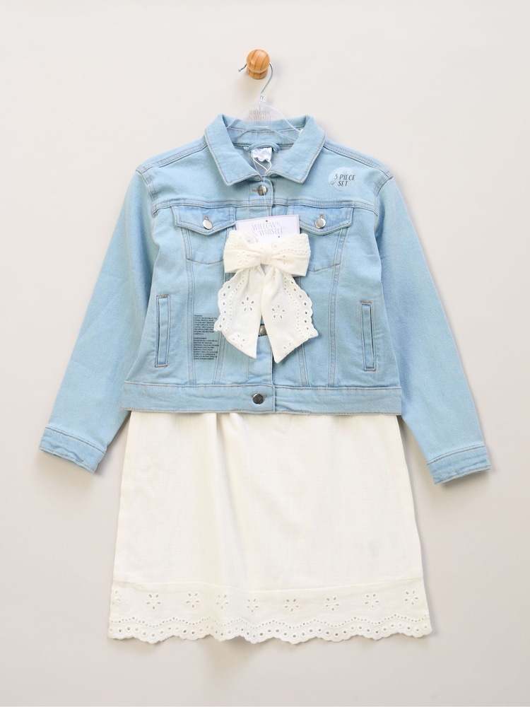 Miss Broderie White Dress Denim Jacket and Hair Clip Outfit Set - Image 2 of 5