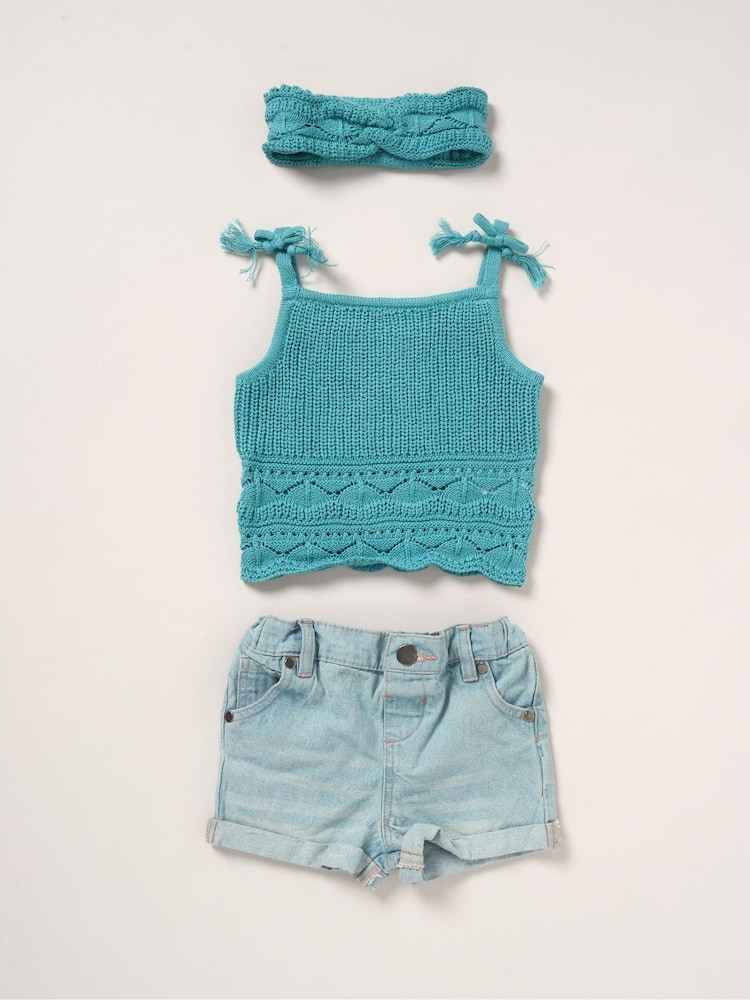 Miss Pink True 100% Cotton Knit Top Shorts and Headband Outfit Set - Image 1 of 5