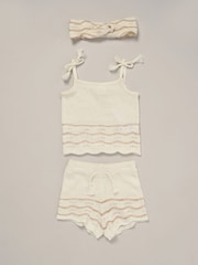 Miss True 100% Cotton White Knit Top Shorts and Headband Outfit Set - Image 1 of 5