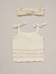 Miss True 100% Cotton White Knit Top Shorts and Headband Outfit Set - Image 2 of 5
