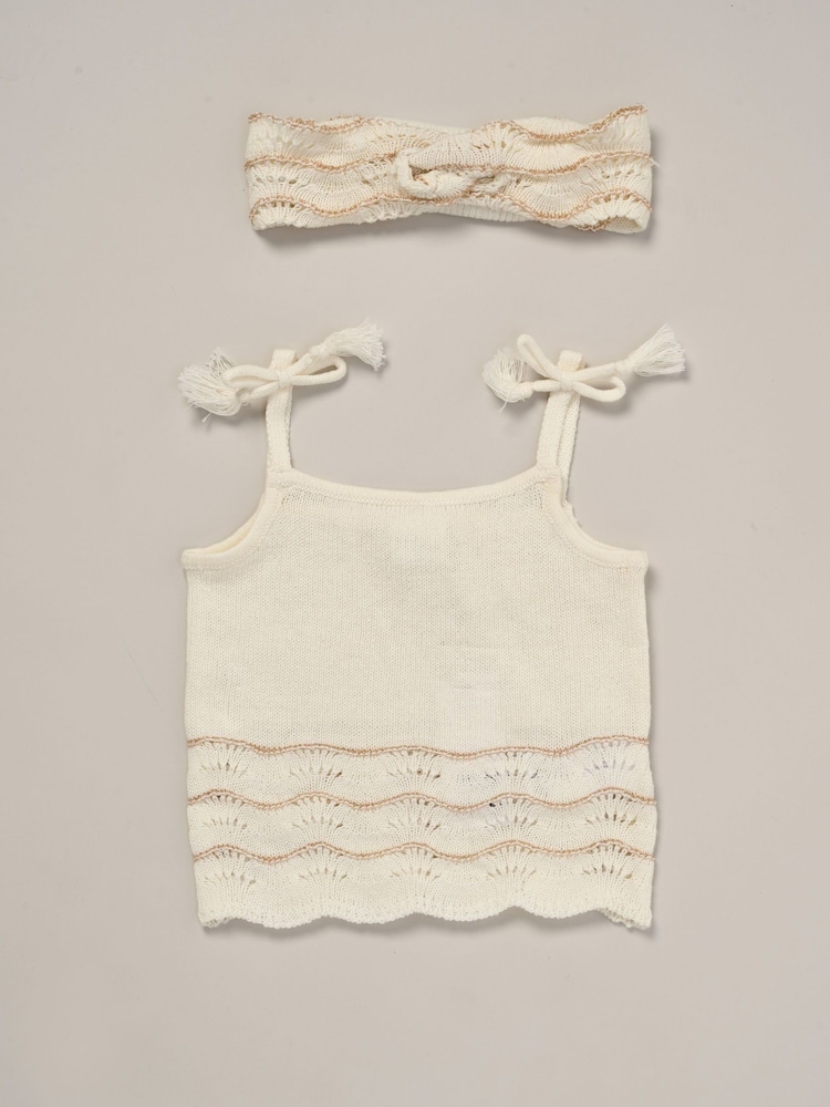 Miss True 100% Cotton White Knit Top Shorts and Headband Outfit Set - Image 2 of 5