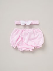Rock-A-Bye Baby Boutique Pink 100% Cotton Dress Knickers and Bow Headband Outfit Set - Image 2 of 3