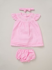 Rock-A-Bye Baby Boutique Pink 100% Cotton Dress Knickers and Bow Headband Outfit Set - Image 1 of 4