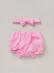 Rock-A-Bye Baby Boutique Pink 100% Cotton Dress Knickers and Bow Headband Outfit Set - Image 2 of 4