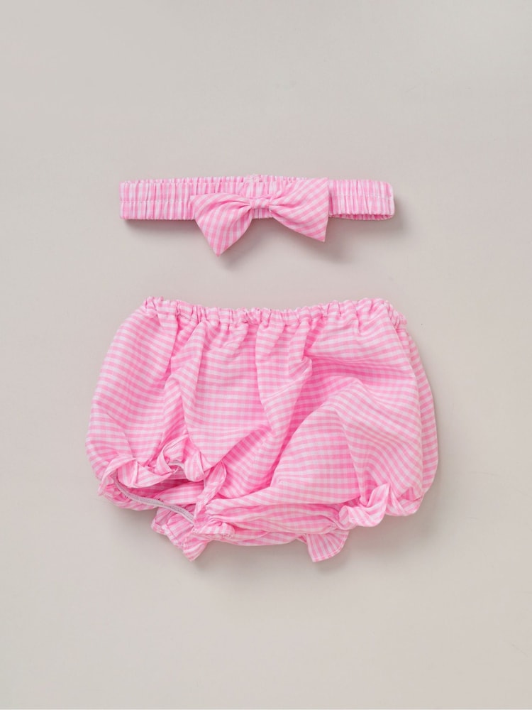 Rock-A-Bye Baby Boutique Pink 100% Cotton Dress Knickers and Bow Headband Outfit Set - Image 2 of 4