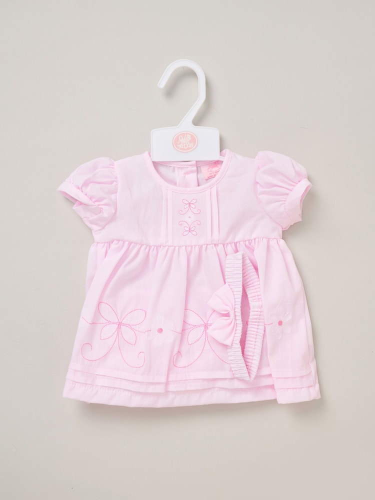 Rock-A-Bye Baby Boutique Pink 100% Cotton Dress Knickers and Bow Headband Outfit Set - Image 2 of 4