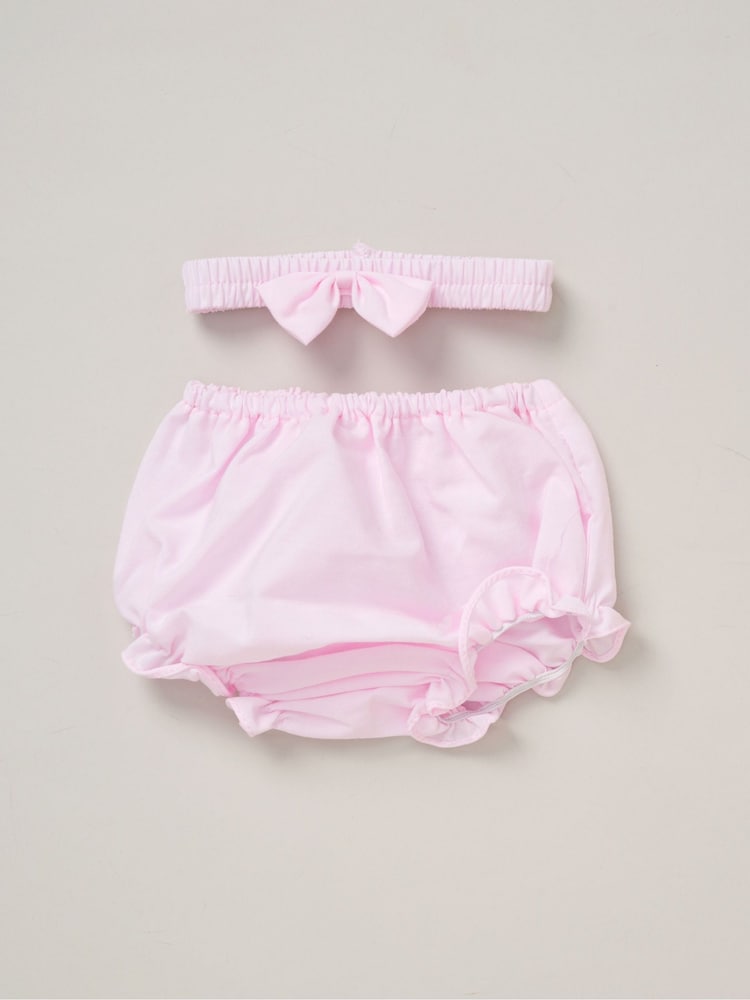 Rock-A-Bye Baby Boutique Pink 100% Cotton Dress Knickers and Bow Headband Outfit Set - Image 3 of 4